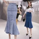 High Waist Fishtail Skirt Ruffle Design Stretch Denim Available in Blue and Black Wholesale Ready to Ship