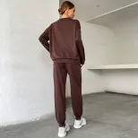 Womens Long Sleeve Letter Print Hoodie Set Casual Fashion Outfit Coffee Color low MOQ