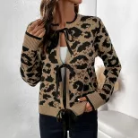Womens Leopard Print Cardigan Sweater Round Neck Tie Closure Cozy Knit Fabric Fall Winter Fashion
