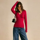 Womens Vintage V Neck Sweater Slim Fit Long Sleeve Knitted Striped Pattern Spring Summer