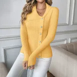 Slim Fit V Neck Womens Sweater with Pearl Decoration in Yellow for Spring and Autumn Wholesale Low MOQ