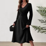 V Neck A Line Dress Elegant High Waist Design Fall Winter Fashion private label