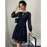 Blue Printed Chiffon Long Sleeve Dress for Women A Line Silhouette Rhinestone Accents Mid Length Perfect for Spring