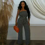 Strapless Vintage Striped Top and Comfortable Long Pants Set for Women Casual Summer Fashion Available in Black