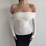 Womens Slim Fit Off Shoulder Top Solid Color Lightweight Fabric Summer Casual Wear