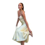 Elegant Womens Summer Dress in Cream Yellow with Lace Trim Slim Fit Spaghetti Straps Satin Fabric Wholesale
