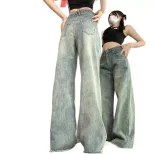High Waist Loose Fit Vintage Wash Denim Trousers for Women Casual Wide Leg Design Available in Blue and Black Wholesale