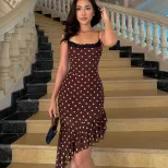 Brown Polka Dot Lace Trim Cami Dress for Women Casual Summer Style Available in S M L Wholesale Ready to Ship