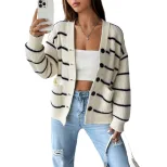 Womens Loose Fit V Neck Striped Knit Cardigan Sweater Long Sleeve White Spring Summer Wholesale fast shipping