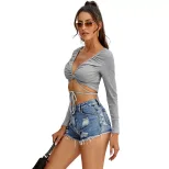 Slim Fit V Neck Casual T Shirt for Women Drawstring Detail Gray Perfect for Everyday Wear