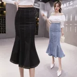 High Waist Fishtail Skirt Ruffle Design Stretch Denim Available in Blue and Black Wholesale Ready to Ship