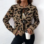 Womens Leopard Print Cardigan Sweater Round Neck Tie Closure Cozy Knit Fabric Fall Winter Fashion