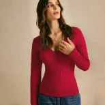 Womens Vintage V Neck Sweater Slim Fit Long Sleeve Knitted Striped Pattern Spring Summer