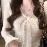 Apricot Lace Bow V Neck Long Sleeve Top for Women Irregular Hem Design Spring Layering