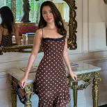 Brown Polka Dot Lace Trim Cami Dress for Women Casual Summer Style Available in S M L Wholesale Ready to Ship