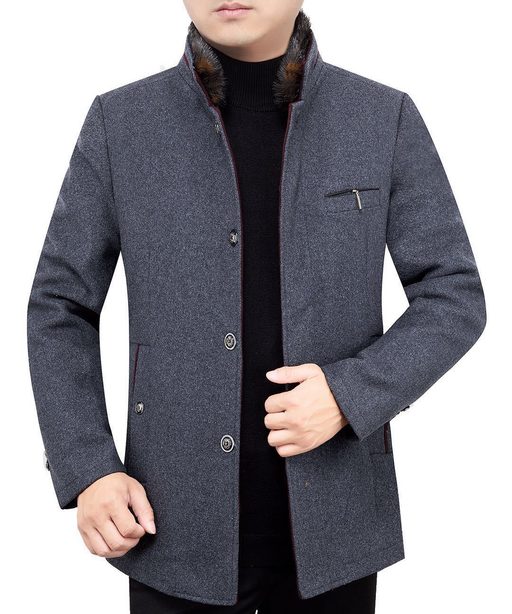 Mens Fleece Lined Overcoat with Removable Fur Collar Mid Length Warm Jacket Winter Outerwear