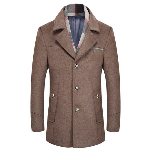 Mens Wool Blend Overcoat Mid Length Detachable Fur Collar Thick Warm Coat Winter Outerwear