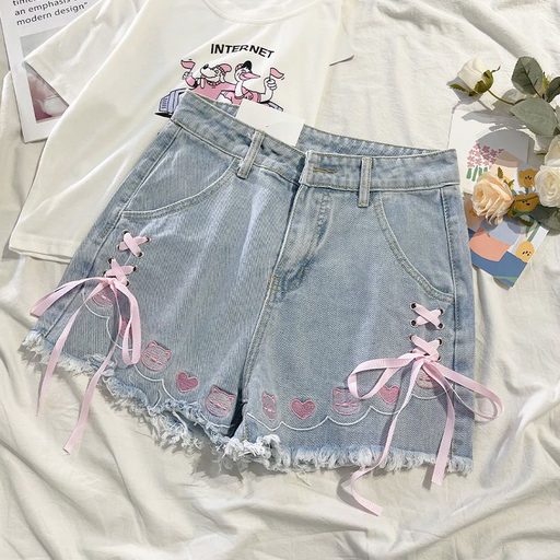 High Waist Embroidered Denim Shorts for Women Blue Color Casual Loose Fit Summer Wear