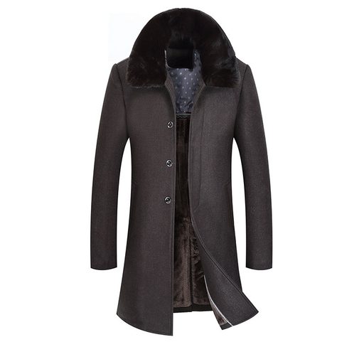 Mens Overcoat Mid Length Wool Blend with Thick Fur Collar Warm Stylish Outerwear for Fall and Winter