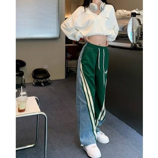 Vintage Color Block Denim Joggers for Men and Women Loose Fit with Drawstring Casual Streetwear Available in Multiple Sizes