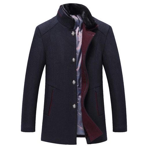 Mens Wool Blend Overcoat Mid Length Single Breasted Design Stand Collar with Fur Trim Winter Outerwear