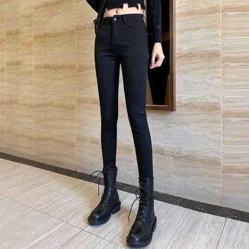 High Waist Black Skinny Jeans for Women Stretch Fabric Slim Fit Pencil Pants Spring Autumn Wear