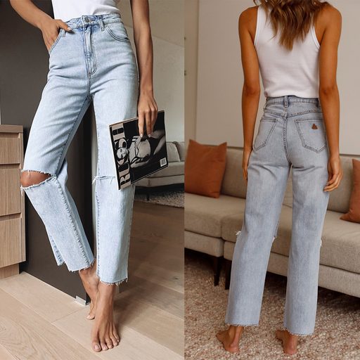 High Waist Ripped Straight Leg Jeans for Women Light Color Casual Autumn Winter Wear