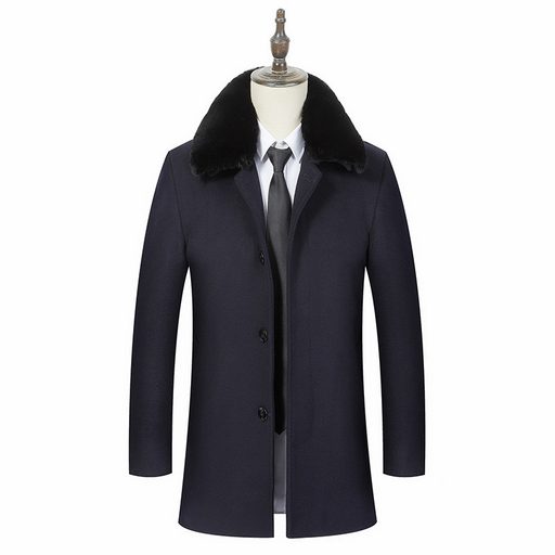 Mens Business Casual Overcoat Mid Length Removable Fur Collar Wool Blend Winter Outerwear