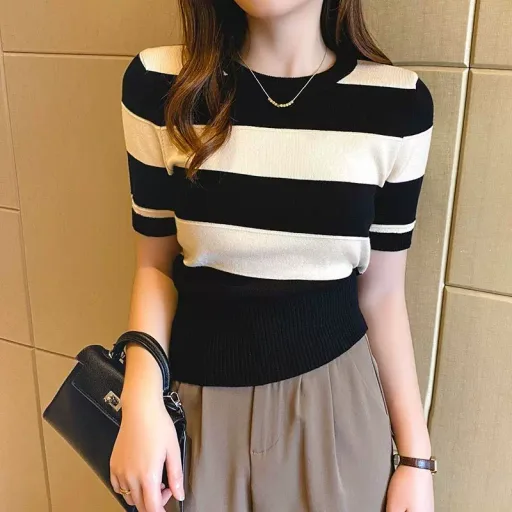 Slim Fit Short Sleeve Knitted T Shirt For Women Ice Silk Fabric Casual Summer Wear Available In Multiple Colors And Sizes
