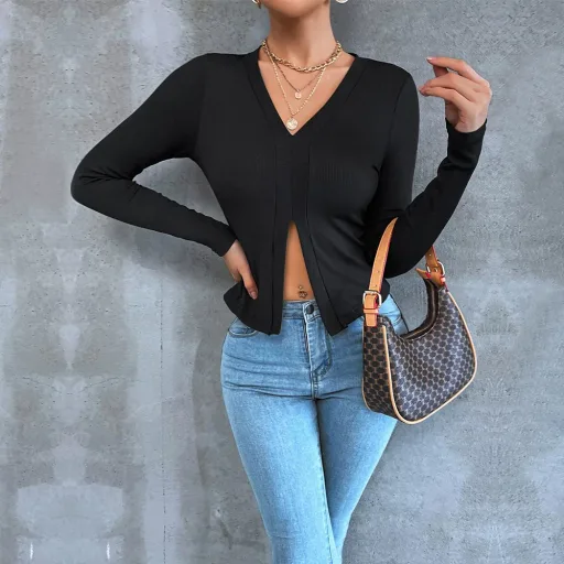Womens Long Sleeve Cropped T Shirt Slim Fit Casual Style Black Cotton Blend