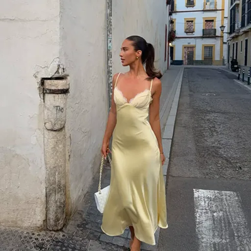 Elegant Womens Summer Dress In Cream Yellow With Lace Trim Slim Fit Spaghetti Straps Satin Fabric Wholesale