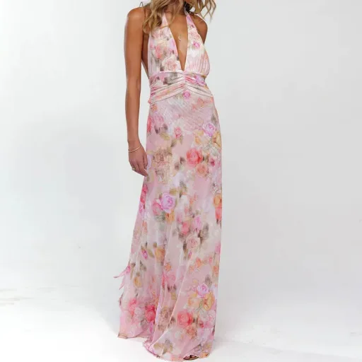 Summer Maxi Dress for Women Fashionable Floral Print Halter Neck Design Ideal for Vacation Wear Wholesale Available Summer Maxi Dress for Women Fashionable Floral Print Halter Neck Design Ideal for Vacation Wear Wholesale Available
