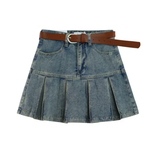 High Waist A Line Denim Skirt for Women Vintage Style Flattering Fit Pleated Design Casual Summer Wear Wholesale