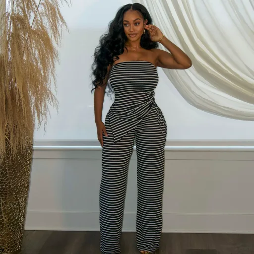 Strapless Vintage Striped Top And Comfortable Long Pants Set For Women Casual Summer Fashion Available In Black