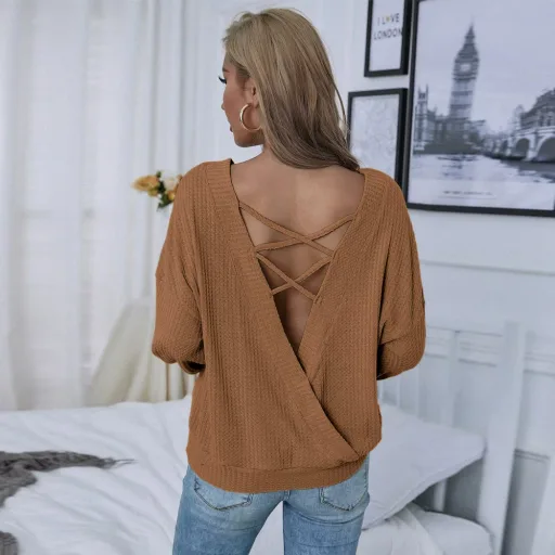 Loose Fit Long Sleeve Womens T Shirt Casual Sexy Backless Design Brown Waffle Fabric Spring Summer Wear
