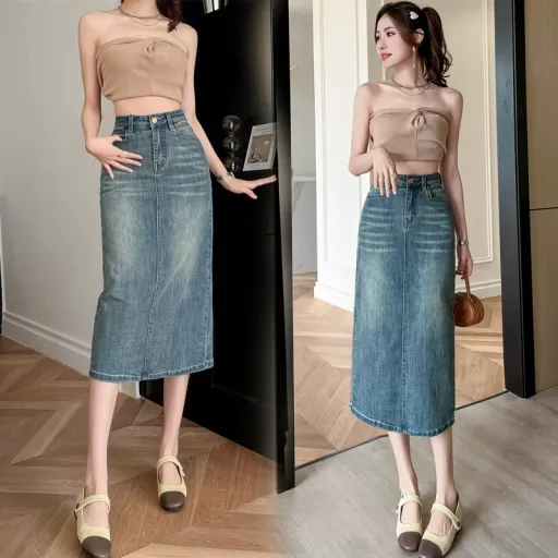 Womens High Waist A Line Denim Skirt Mid Length with Back Slit Casual Spring Autumn Wear