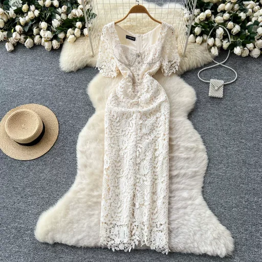 Elegant Womens Dress Summer French Style Short Sleeve Lace Bodycon With Square Neck