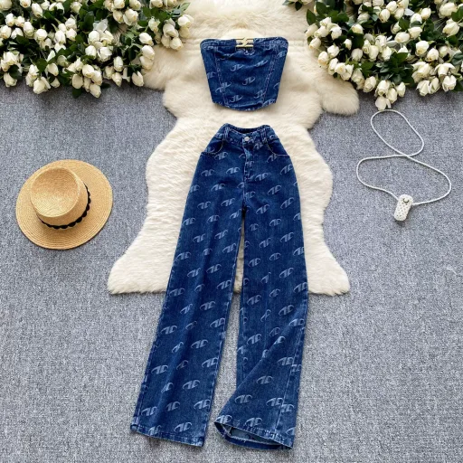 Metal Buckle Floral Print Strapless Top And High Waist Slim Fit Jeans Set For Women Summer Casual Wear Wholesale