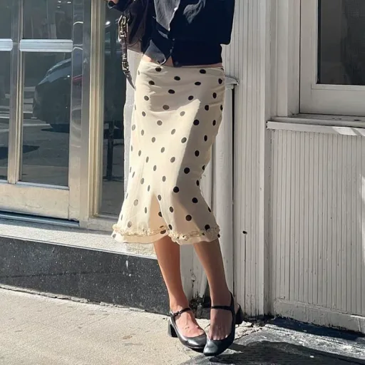 Womens Bodycon Midi Skirt Polka Dot Pattern Casual Summer Wear Available In Apricot Wholesale Sizes S M L