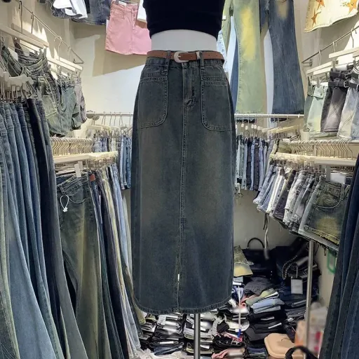 High Waist Denim Skirt for Women Loose Fit with Side Pockets Long Straight Style Casual Spring Autumn Wear