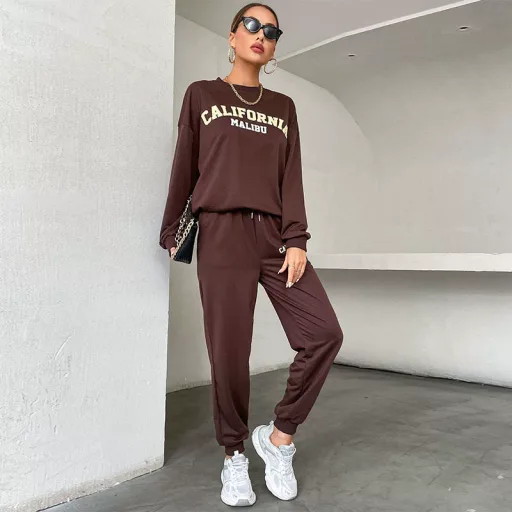 Womens Long Sleeve Letter Print Hoodie Set Casual Fashion Outfit Coffee Color low MOQ