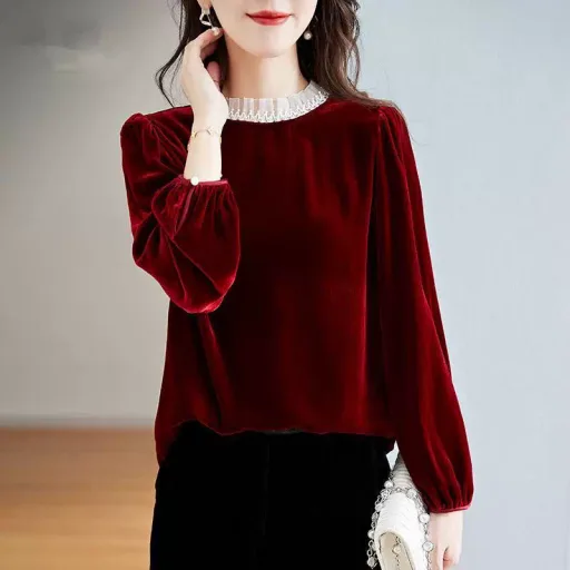 Red Velvet Long Sleeve Top For Women Loose Fit Casual Blouse Autumn Fashion Oem Odm Service