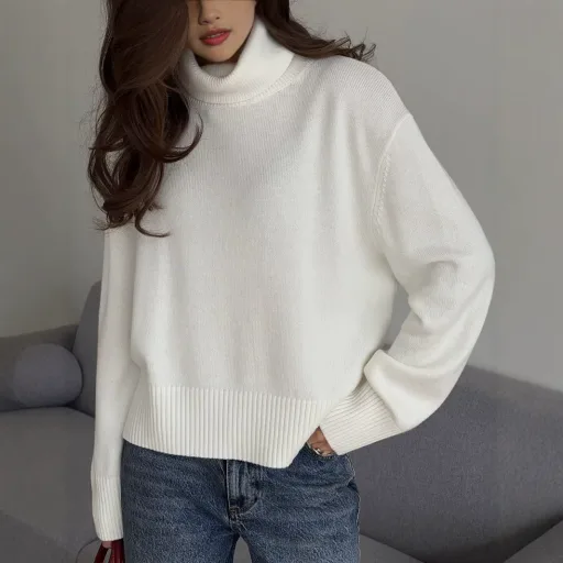 Womens Knit Sweater Solid Color High Neck Loose Fit Casual Autumn Winter Top private label