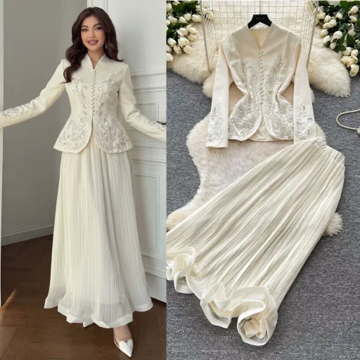 French Style V Neck Embroidered Jacket with High Waisted Pleated Skirt Elegant Lightweight Two Piece Set for Spring and French Style V Neck Embroidered Jacket with High Waisted Pleated Skirt Elegant Lightweight Two Piece Set for Spring and