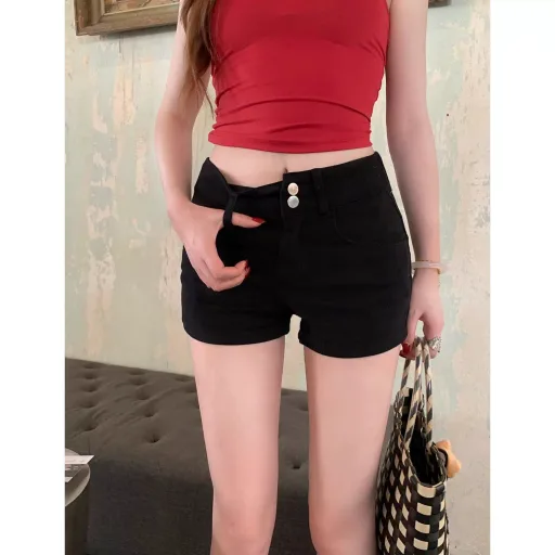 Black High Waisted Denim Shorts For Women Slim Fit Straight Leg Summer Casual Wear