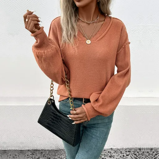 Womens Lantern Sleeve Sweater Solid Color Retro Style Autumn Winter Casual Wear