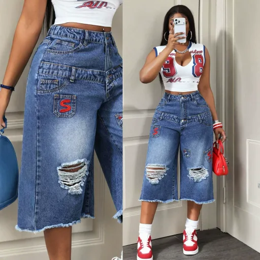 Womens Distressed Denim Capris Casual Summer Style Blue Color Available In S To Xl Wholesale Supply