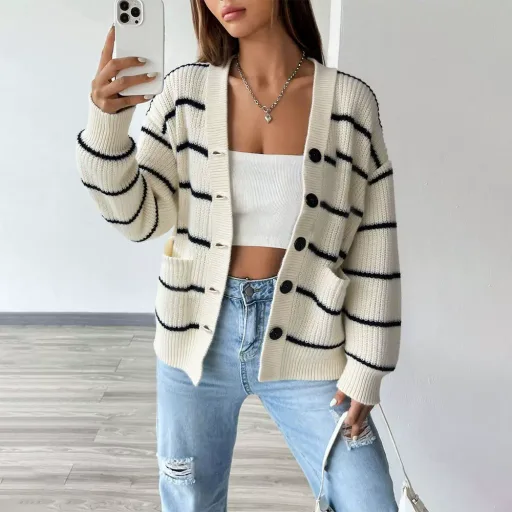 Womens Loose Fit V Neck Striped Knit Cardigan Sweater Long Sleeve White Spring Summer Wholesale fast shipping