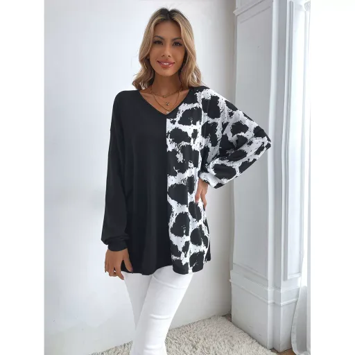 Womens Leopard Print V Neck Boyfriend Style T Shirt Casual Short Sleeve White Cotton Blend Ready to Ship