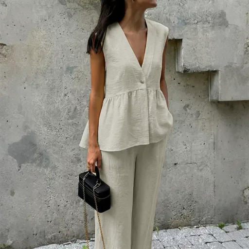 Womens Sleeveless V Neck Vest And Pants Set Casual Style Available In Apricot Yellow And Blue Wholesale Ready To Ship